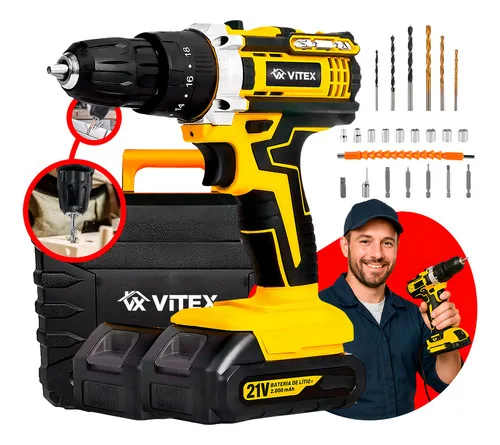 Furadeira Parafusadeira de Impacto 21V Vitex 2 Baterias Carregador Maleta