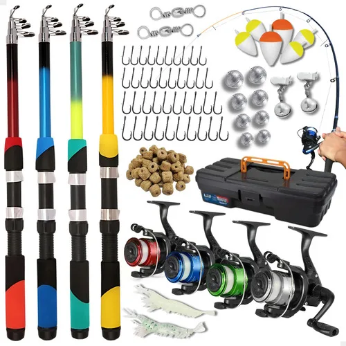 Pescamping Kit Pesca Completo 4 Varas Fibra De Vidro E 4 Molinetes Leve Com Linha - Maleta Com Acessórios Bóias Chumbadas Anzóis E Mais Tralha Quite De Pescaria Aleatório