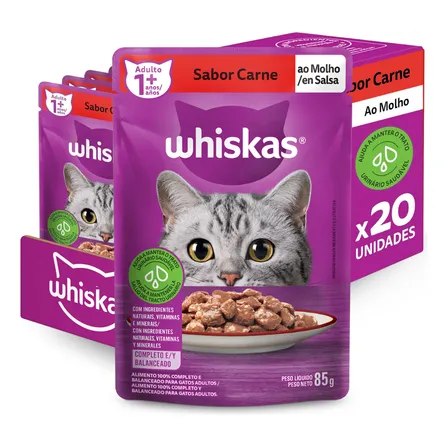 Ração Úmida Whiskas Sachê Gato Adulto Carne Ao Molho 85g 20 Unidades