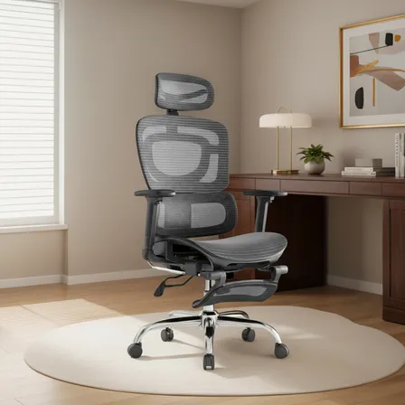 Cadeira De Escritório Ergonômica Mônaco Bt07 Luvinco Malha Respirável Com Suporte Lombar Adaptável Apoio Para Pés Retrátil Encosto Ajustável Seis Posições Cor Preta Suporta 200kg Preto