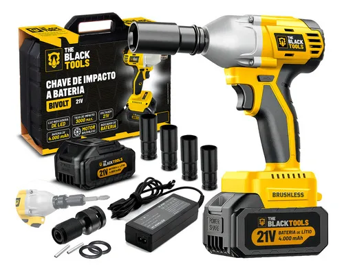 Chave De Impacto A Bateria 21v 4000mah Motor Brushless Com Maleta E Acessorios The Black Tools Amarelo E Preto 127/220v 60hz