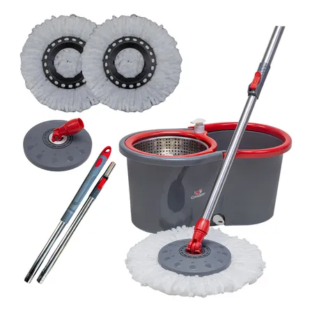 Mop Esfregão Giratório Condor Balde Inox 13 Litros + 2 Refis + Cabo Longo 1,4 Metros Cinza