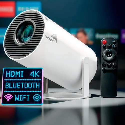 Projetor HY300 Smart Portátil Pholex Full HD 4K Android 11 WiFi Bluetooth Mini Projetor Home Theater Branco Imagem Nítida Alta Luminosidade Som Potente Compatível com Celular TV Box e Notebook
