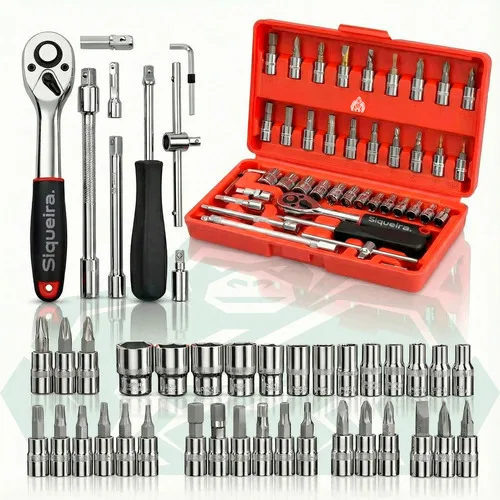 Jogo De Soquete S Siqueira Aço Crv 1/4 Catraca Chave Allen Fenda Philips Com Maleta Kit 46 Peças Ferramentas Profissional Completa Vermelho