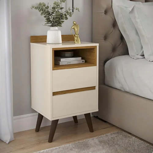 Mesa de Cabeceira Alamo 2 Gavetas MDP/MDF Cor Off White/Nature