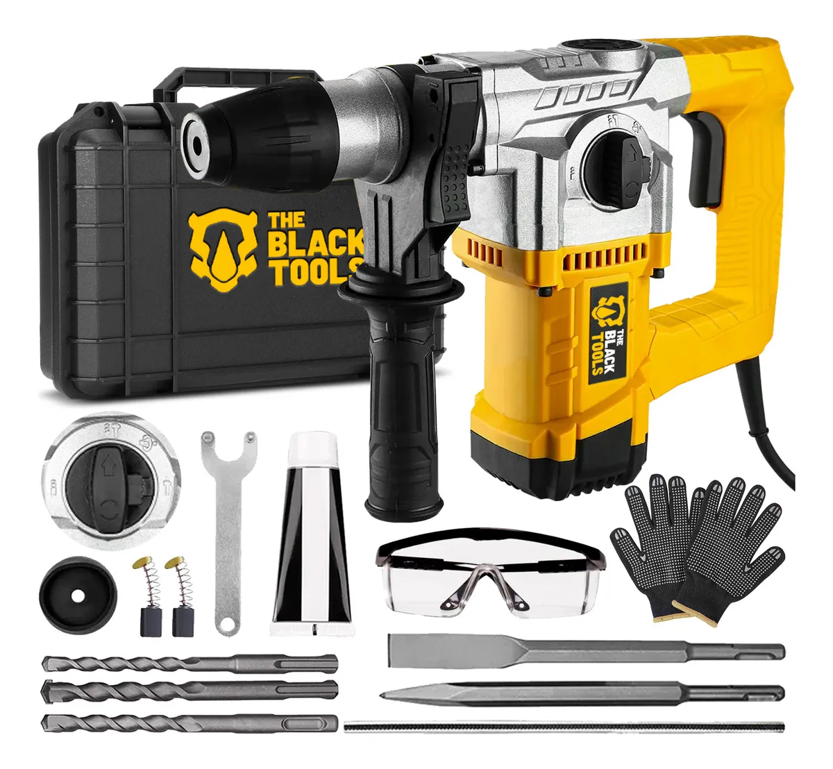Martelo Martelete Rompedor Elétrico Concreto Com Brocas Talhadeira Ponteira Óculos Luva Cor Amarelo The Black Tools