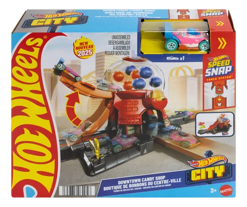 Trilha de brinquedos colorida da loja de doces Hot Wheels City