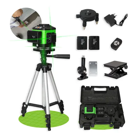 Kit Nível A Laser Verde 12 Linhas Esquadro + Suporte + Tripé Recarregavel Profissional Prumo Autonivelante Nano Bateria