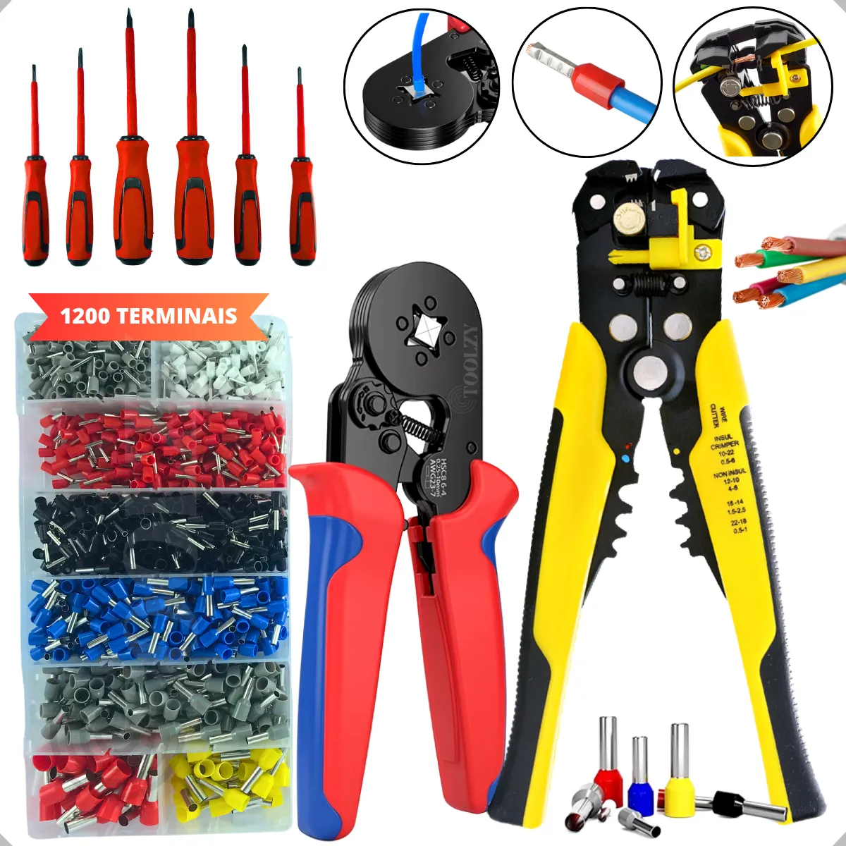Alicate Crimpar Prensa Terminal Decapador Fios 1200 Terminais Ilhós Tubular Chaves Isoladas Cietec