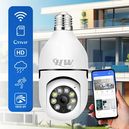 Câmera De Segurança Wi-fi 360° Hw Lâmpada E27 Full Hd Visão Noturna Colorida Áudio Sensor Movimento Ip Branco