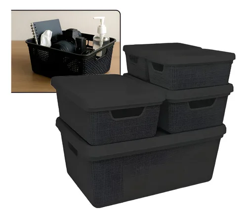 Kit 5 Caixas Organizadoras Cesto Tampa Multiuso 2l 6l 16l Casa Cozinha Banheiro