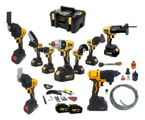 Kit Multifuncional Ferramenta 9 In1 Furadeira Parafusadeira de Impacto serra poda arvore tico-tico Circula Lixadeira Lavadora lava jato oscilante com maleta duas baterias Cor Amarelo/azul