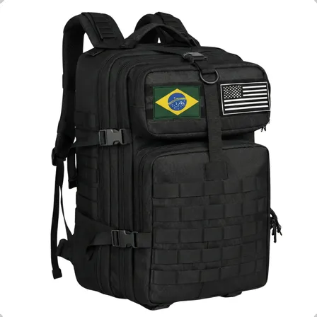 Mochila Tática Militar 50L Impermeável Grande Reforçada com Sistema MOLLE Para Trilha Camping Trekking Viagem 2 bandeiras Brasil Eua Bagear Preto