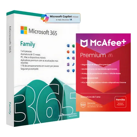 Microsoft 365 Family 2025 + Mcafee Premium - Licença 1 Ano