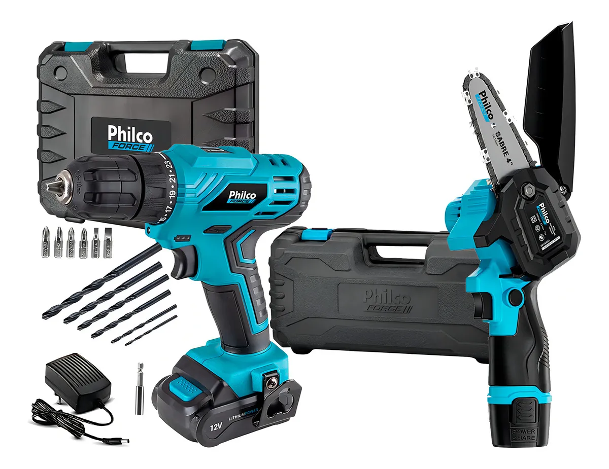 Kit Furadeira Parafusadeira + Mini Motosserra Bat Philco Cor Preto E Azul Frequência 60hz