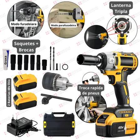 Chave Impacto 48v Brushless 2400 Rpm Automotiva Profissional 2 Baterias Maleta Parafusadeira Furadeira Sem Fio Bivolt Alta Potência Para Rodas Ferramentas Preto/amarelo 127/220v 50hz/60hz