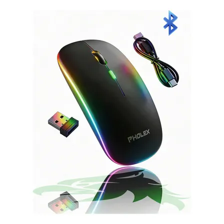 Mouse Sem Fio Pholex Recarregável Wireless Optico Led Rgb Ergonômico Sem Fio Para Pc Desktop Notebook Tablet Smartphone Preto
