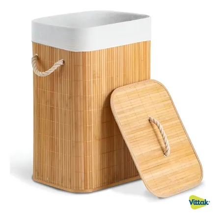 Vittak - Cesto De Roupa Bambu Dobrável Retangular Com Tampa E Forro Bege Liso