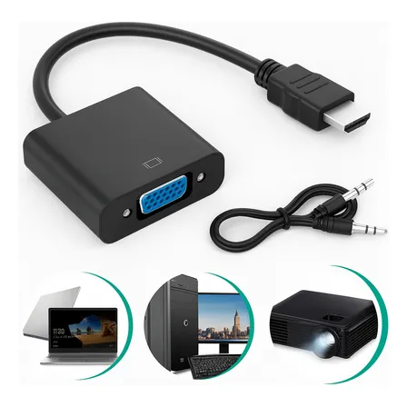 Conversor Hdmi Para Vga Full Hd 1080p Com Áudio P2 Adaptador Cabo Hdmi Macho Para Vga Plug & Play Para Pc Notebook Monitor Projetor Tv Caixa De Som Vídeo Mais Áudio Digital Preto