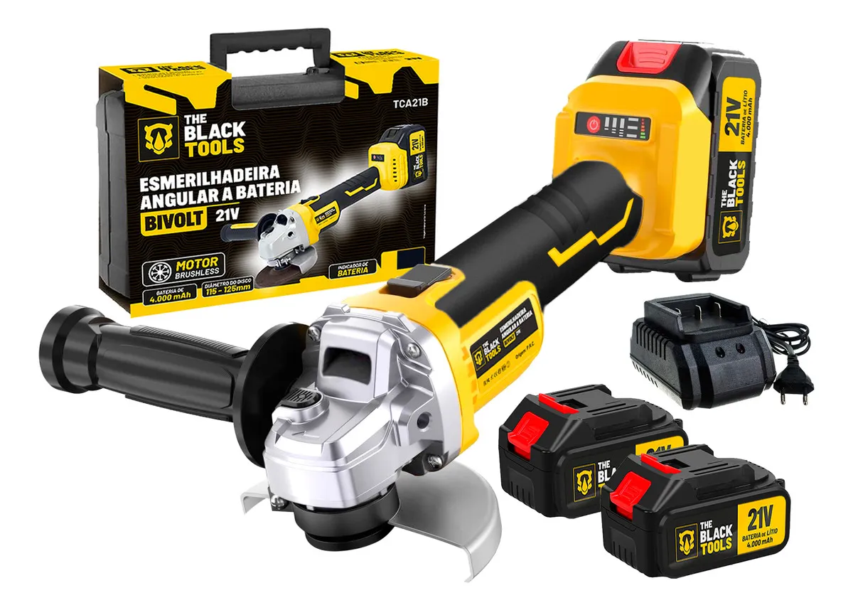 Esmerilhadeira Angular Profissional Brushless 9000 Rpm 21V Com 02 Baterias E Acessórios The Black Tools