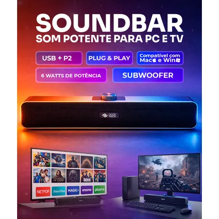 Caixa De Som Para Computador Pc Tv Notebook Projetor Soundbar Cinema Com Cabo Auxiliar E Conexão Usb Goodvision Cor Preto