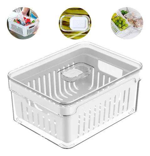 Organizador de Geladeira Acrílico com Tampa e Drenagem 2,2 Litros