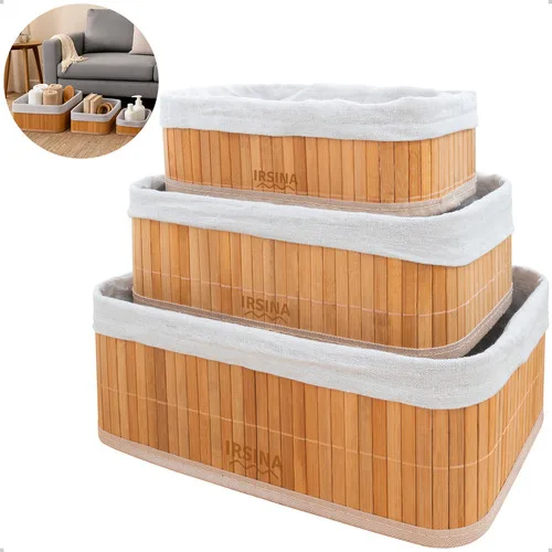 Kit 3 Cestos Organizadores Retangular De Bambu Com Forro Multiuso Decoração Jogo Caixa Organizadora Sala Quarto Cozinha Banheiro Escritório Cor Bege Natural Irsina