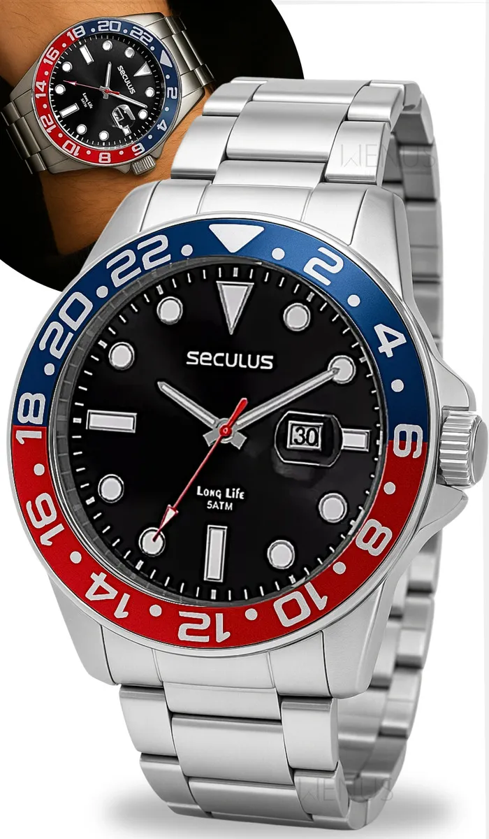 Relógio De Pulso Seculus Com Corria De Aço Inoxidável Cor Prateado - Fondo Preto - Bisel Azul-marinho E Vermelho