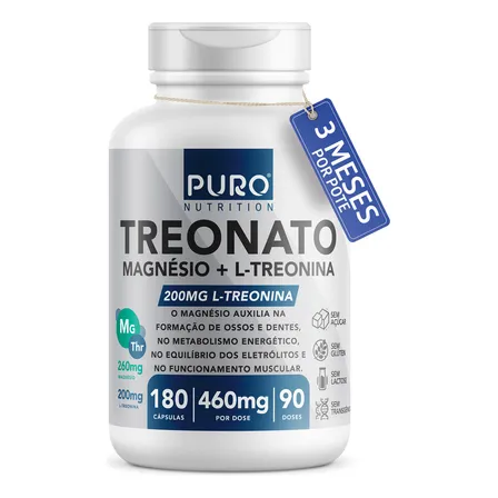 Treonato Puro Nutrition Magnésio + L-treonina, Alto Teor De Magnésio Por Porção, 180 Cápsula Sem Sabor