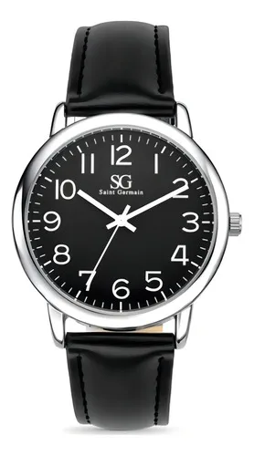 Relógio Masculino Prateado Saint Germain Correia De Couro Preto Caixa Prateada Fundo Preto 40mm Elegante Clássico