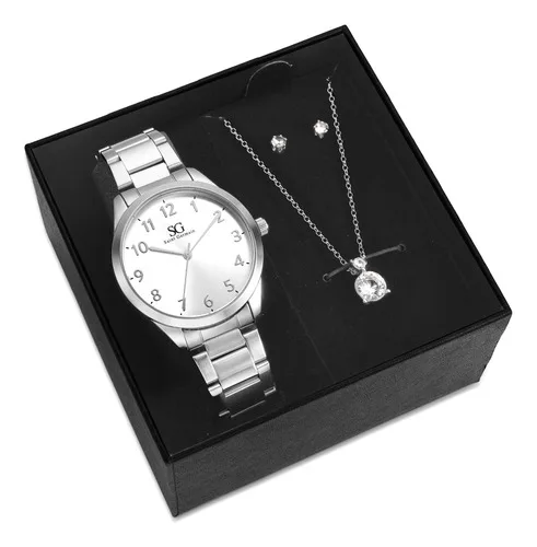 Kit Relógio Colar E Brincos Ponto De Luz Prateado Feminino Luxo Silver Saint Germain Presente Original Joias Elegante Clássico 38mm