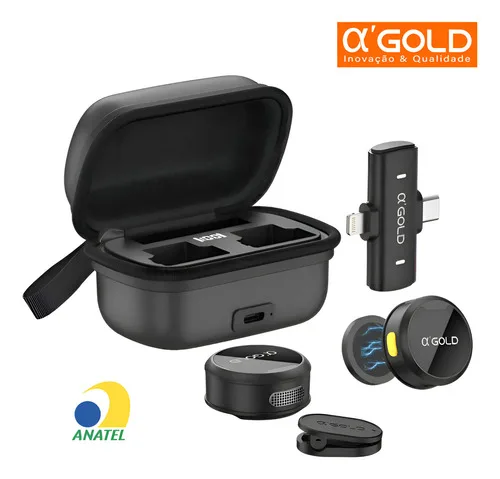 Microfone Lapela Sem Fio Duplo A'gold Anti Ruido Ia C/ Imã Cor Preto
