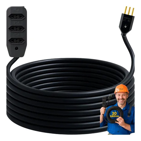 Extensão 30metros Cabo Pp Reforçada Obra Profissional 10/20a Cor Preto Lef 127/220v