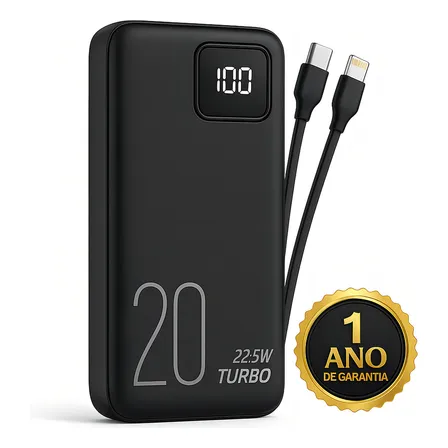 Carregador Portátil Power Bank Turbo 20000mah Universal Para iPhone Samsung Motorlola Xiaomi 20w Com Display Digital Dtimp Preto
