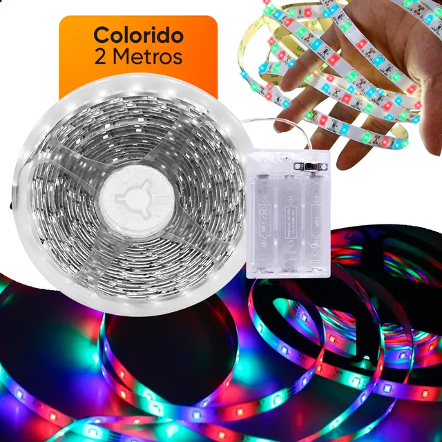 Fio Fita Led Adesiva Iluminação Rgb Luz 2 Metros 120 Leds A Pilha Decoração Iluminação Quarto Cordão Fácil Instalação Cor: Colorido - Marca: Smart Tools®