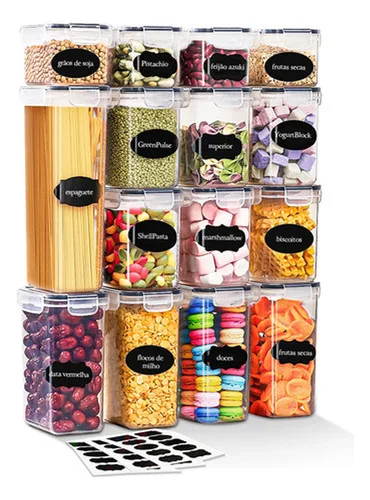 Vie Idéale Kit 15 Potes Herméticos Mantimentos Quadrado Cozinha Tampa Trava