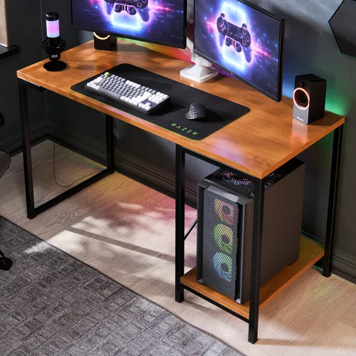 Escrivaninha Gamer Tokyo MDF Mesa Para Computador Home Office E Estudos Com Suporte Para CPU E Prateleira Lateral Estrutura Em Aço Estilo Industrial Design Moderno Amplo Cor Canela Preto