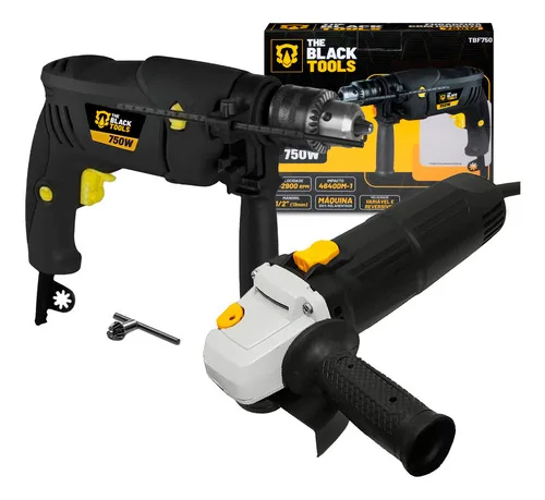 Esmerilhadeira Lixadeira 4.1/2" 125mm 710W 11000 Rpm + Furadeira De Impacto 1/2" 750W 2900 Rpm The Black Tools