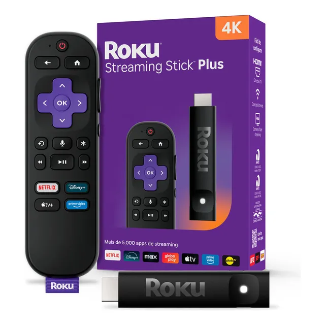 Roku Streaming Stick Plus 4k Tvbox Aparelho Transforma Tv Em Smart Conversor Smart Tv Controle Voz Wi-fi Longo Alcance | Original Nf-e | Com Apps E Canais Ao Vivo Grátis Sistema Rápido Imagem 4k Hdr
