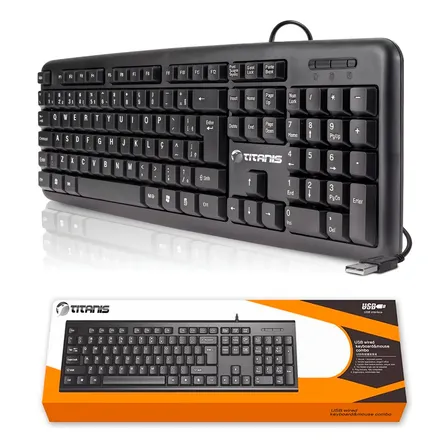 Teclado Titanis USB com Fio Preto ABNT2 Ergonômico Plug & Play Numérico PC Toque Suave para Computador Layout Qwerty Prático Ideal para Trabalho Escritório Office
