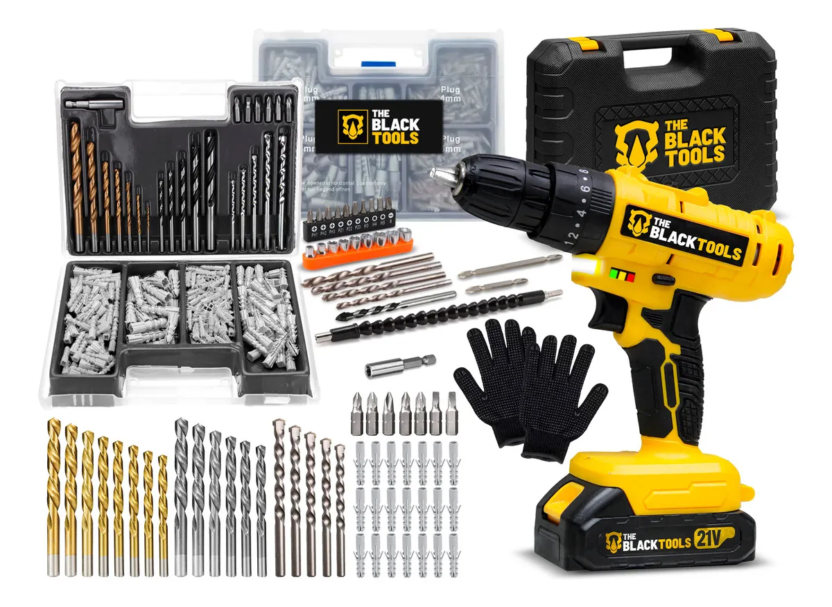 Parafusadeira Furadeira De Impacto Sem Fio Com 2 Baterias 21v + Kit 300 Peças Brocas E Buchas E Luva Pigmentada Amarelo 127/220v 60