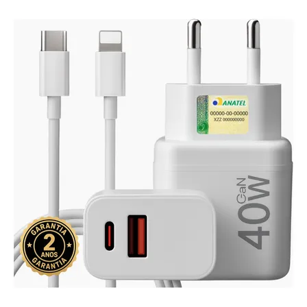 Carregador Turbo 40w Compativel Com iPhone 8 X Xr 11 12 13 14 Pro Max Usb Tipo C Duplo Branco
