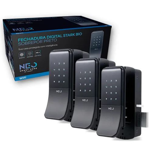 Kit 3 Fechadura Eletrônica Stark Digital Biometria Senha Wifi Sobrepor Preto minimalista Neo
