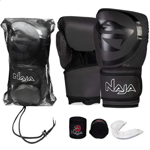 Kit Luva Muay Thai Boxe Naja Black Line Com Bucal E Bandagem Cor Preto Tamanho 12oz