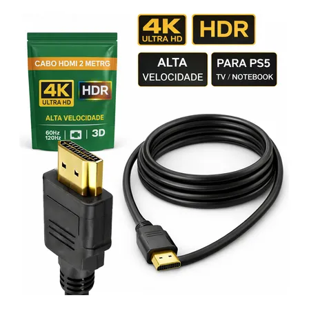 Cabo Hdmi 2m Metros Mts 4k 3d Full Hd 2.0 Gold Blindado - Alta Velocidade, Hdr, 60hz, 120hz, Ethernet, Compatível Com Ps4, Ps5, Xbox, Tv, Pc, Notebook Tv Monitores Projetores Revestimento - Shengke
