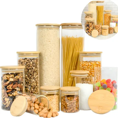 Kit 10 Potes Herméticos Vidro Tampa Bambu Seiri Para Mantimentos Cozinha Transparente