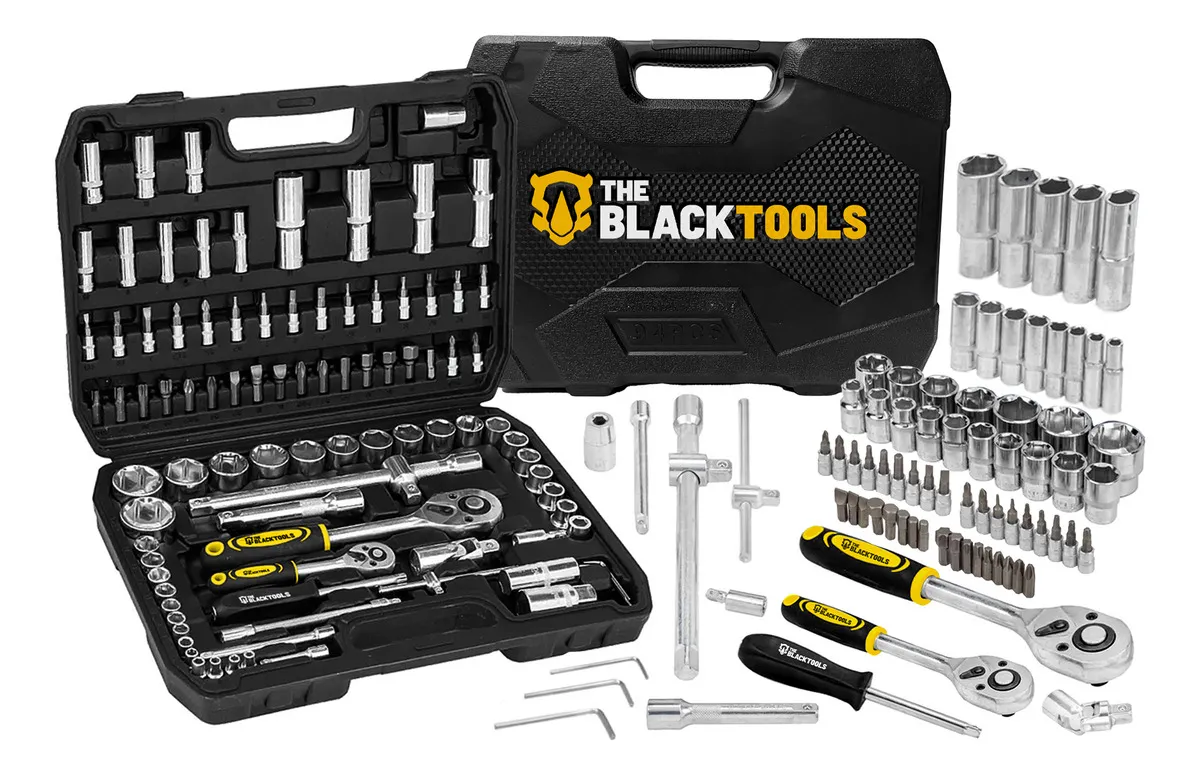 Jogo De Ferramentas Soquetes Encaixe 1/4 E 1/2 Pol. Catraca Reversível Aço Crv 94 Peças Com Maleta Tkf94 The Black Tools Cromado