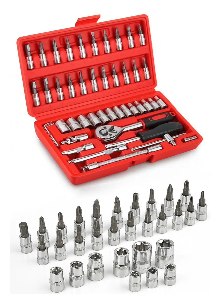 Jogo De Ferramentas Kit Multiuso Soquete 1/4 46 Peças Profissional Com Maleta Completa Aço Cromado Chaves Bits Catraca Reversível Extensões Junta Universal Portátil Reforçado Automotivo Smarter Tools
