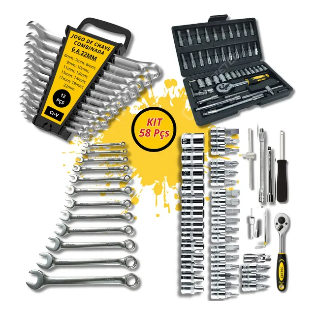 Jogo Chaves Combinadas Kit Ferramentas Soquete Catraca Chave De Boca Combinada 58 Peças Crv Cietec Prateado