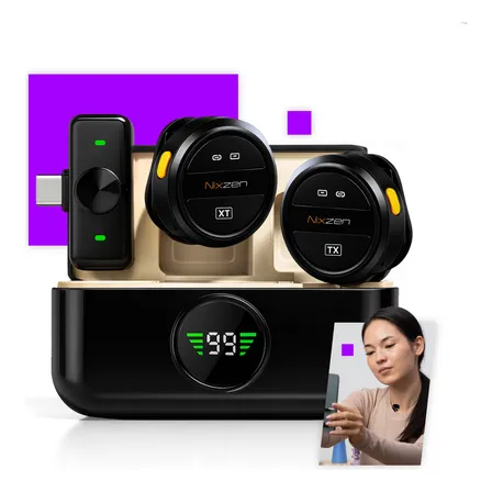 Microfone Lapela Redondo Sem Fio Tipo-c Duplo Anti Ruído P/ Android E iPhone 15 16 17 Com Caixinha Para Carregamento Cor Preto Nixzen